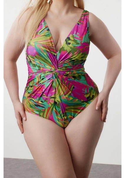 Büyük Beden Atma Kap Desenli Kolsuz Derin V Yaka Tropikal Desenli Düğümlü Mayo modelleri