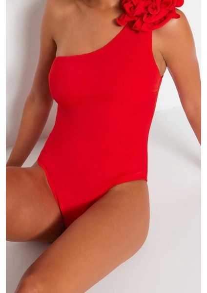 Kadın Moda Atma Kap Askılı Slip Yaka Zümrüt Yeşili Tek Omuz Çiçek Aplikeli Regular Mayo