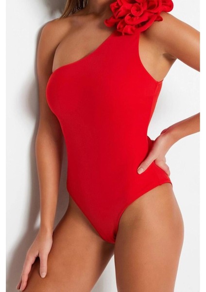 Kadın Moda Atma Kap Askılı Slip Yaka Zümrüt Yeşili Tek Omuz Çiçek Aplikeli Regular Mayo