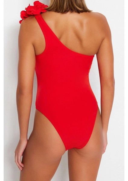 Kadın Moda Atma Kap Askılı Slip Yaka Zümrüt Yeşili Tek Omuz Çiçek Aplikeli Regular Mayo