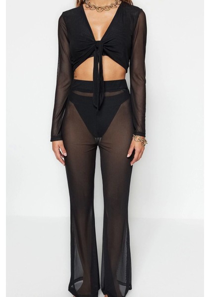 Moda Dokuma Geometrik V Yaka Plaj Siyah Örme Bağlamalı Mesh Bluz Pantolon Takım