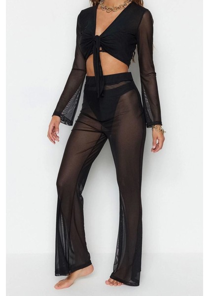 Moda Dokuma Geometrik V Yaka Plaj Siyah Örme Bağlamalı Mesh Bluz Pantolon Takım fiyatları