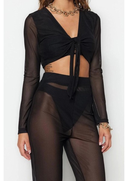 Moda Dokuma Geometrik V Yaka Plaj Siyah Örme Bağlamalı Mesh Bluz Pantolon Takım modelleri