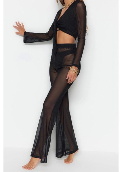 Moda Dokuma Geometrik V Yaka Plaj Siyah Örme Bağlamalı Mesh Bluz Pantolon Takım fırsatları