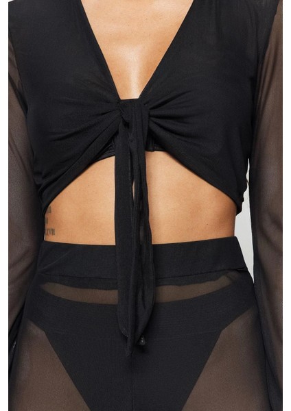 Moda Dokuma Geometrik V Yaka Plaj Siyah Örme Bağlamalı Mesh Bluz Pantolon Takım indirimleri