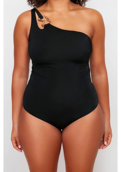 Büyük Beden Atma Kap Askılı Çapraz Bağlama Yaka Siyah Tek Omuz Mayo