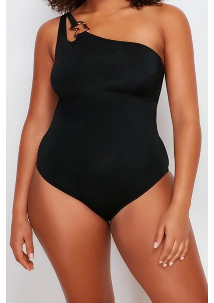 Büyük Beden Atma Kap Askılı Çapraz Bağlama Yaka Siyah Tek Omuz Mayo fiyatları