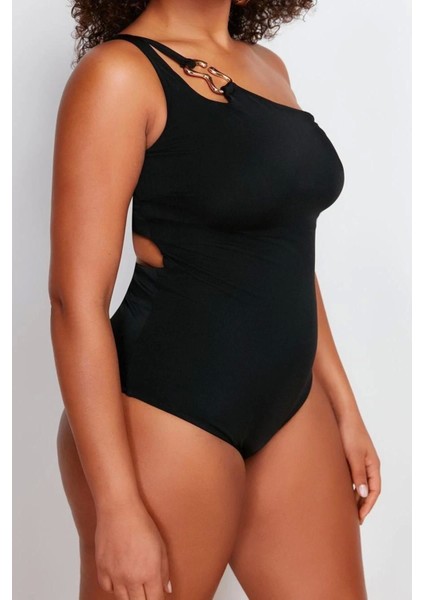 Büyük Beden Atma Kap Askılı Çapraz Bağlama Yaka Siyah Tek Omuz Mayo modelleri