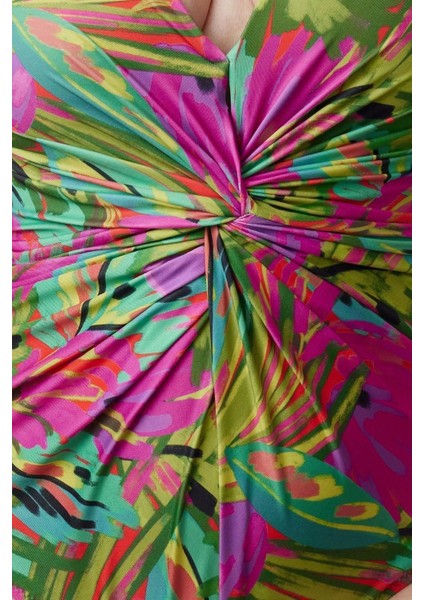 Büyük Beden Atma Kap Desenli Kolsuz Derin V Yaka Tropikal Desenli Düğümlü Mayo indirimleri