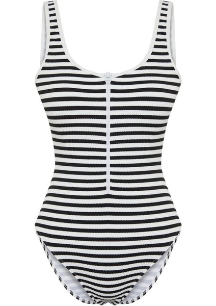 Kadın Moda Atma Kap Askılı Brief Yaka Siyah-Beyaz Fermuarlı Dokulu Regular Mayo