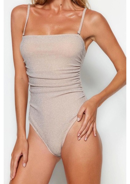 Kadın Moda Atma Kap Kolsuz Slip Yaka Pembe Straplez Drapeli Simli High Leg Regular Mayo