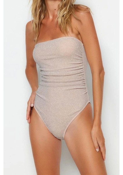 Kadın Moda Atma Kap Kolsuz Slip Yaka Pembe Straplez Drapeli Simli High Leg Regular Mayo fırsatları