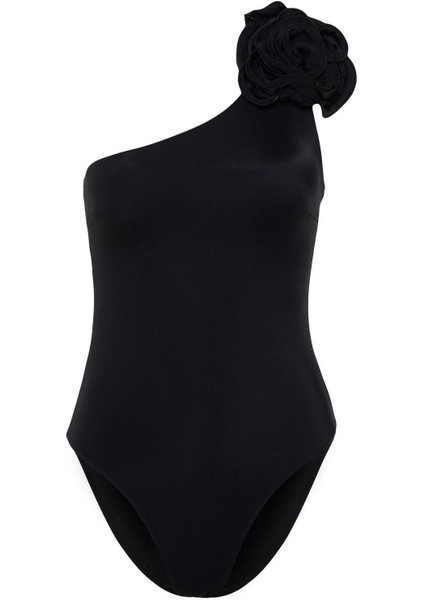 Kadın Moda Atma Kap Askılı Slip Yaka Zümrüt Yeşili Tek Omuz Çiçek Aplikeli Regular Mayo