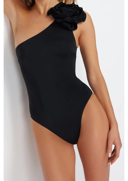 Kadın Moda Atma Kap Askılı Slip Yaka Zümrüt Yeşili Tek Omuz Çiçek Aplikeli Regular Mayo