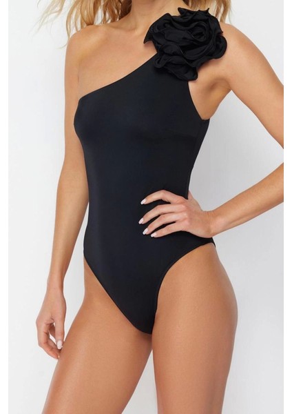 Kadın Moda Atma Kap Askılı Slip Yaka Zümrüt Yeşili Tek Omuz Çiçek Aplikeli Regular Mayo