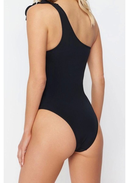 Kadın Moda Atma Kap Askılı Slip Yaka Zümrüt Yeşili Tek Omuz Çiçek Aplikeli Regular Mayo