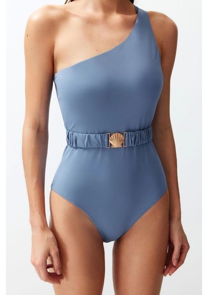 Kadın Moda Atma Kap Askılı Brief Yaka Mavi Kemerli Tek Omuz Premium Aksesuarlı Regular Mayo