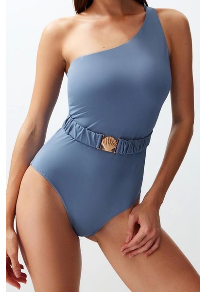Kadın Moda Atma Kap Askılı Brief Yaka Mavi Kemerli Tek Omuz Premium Aksesuarlı Regular Mayo fiyatları