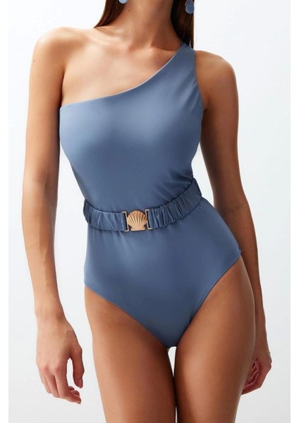 Kadın Moda Atma Kap Askılı Brief Yaka Mavi Kemerli Tek Omuz Premium Aksesuarlı Regular Mayo modelleri