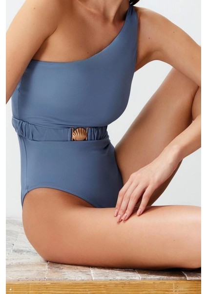 Kadın Moda Atma Kap Askılı Brief Yaka Mavi Kemerli Tek Omuz Premium Aksesuarlı Regular Mayo fırsatları