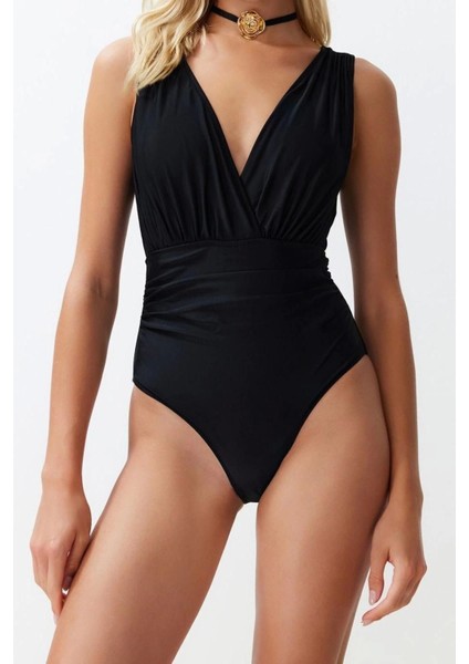 Kadın Moda Atma Kap Askılı Brief Yaka Siyah Derin Drapeli Regular Mayo fiyatları