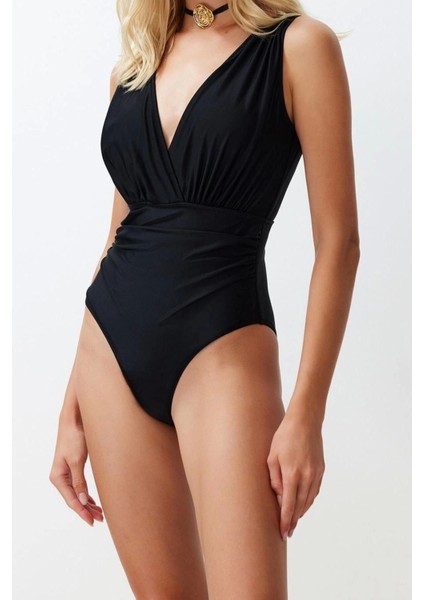 Kadın Moda Atma Kap Askılı Brief Yaka Siyah Derin Drapeli Regular Mayo fırsatları