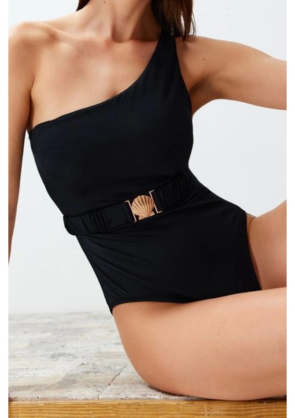 Kadın Moda Atma Kap Askılı Brief Yaka Mavi Kemerli Tek Omuz Premium Aksesuarlı Regular Mayo fırsatları