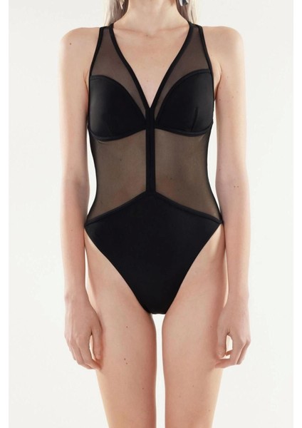 Kadın Moda Atma Kap Askılı Brief Yaka x Yapay Zekâ Siyah Düz Askılı Mayo