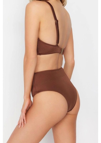Kadın Moda Atma Kap Omzu Açık Carmen Yaka Kahverengi Tek Omuz Aksesuarlı Regular Mayokini indirimleri