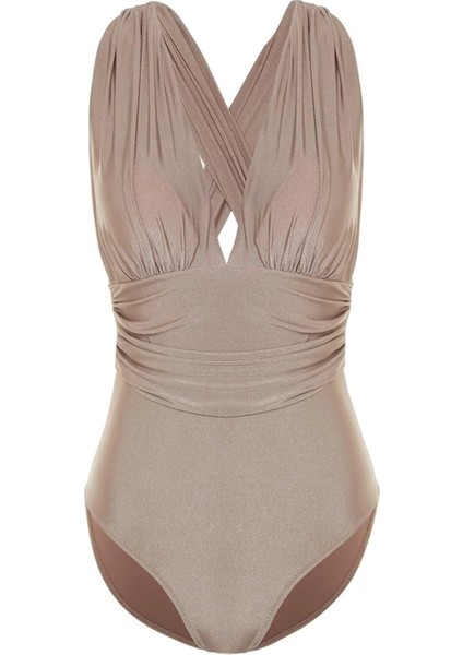 Kadın Moda Sabit Kap Askılı Brief Yaka Kiremit Derin Dekolteli Drapeli Regular Mayo