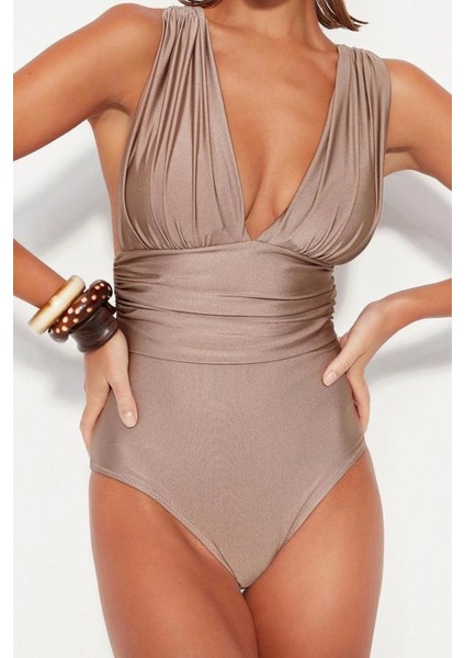 Kadın Moda Sabit Kap Askılı Brief Yaka Kiremit Derin Dekolteli Drapeli Regular Mayo fiyatları