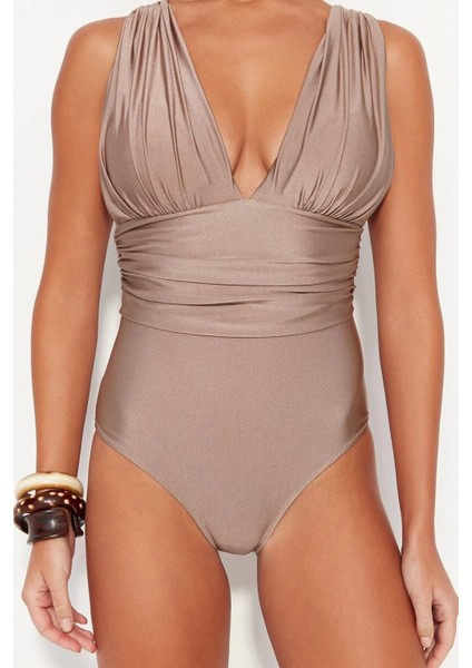 Kadın Moda Sabit Kap Askılı Brief Yaka Kiremit Derin Dekolteli Drapeli Regular Mayo indirimleri