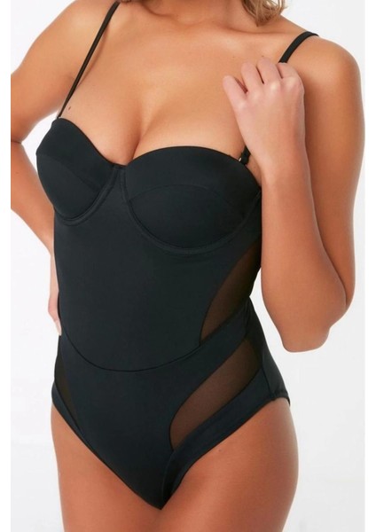 Kadın Moda Sabit Kap Askılı Brief Yaka Siyah Balkonet Mesh Detaylı Regular Mayo