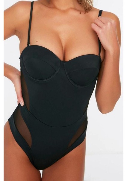 Kadın Moda Sabit Kap Askılı Brief Yaka Siyah Balkonet Mesh Detaylı Regular Mayo