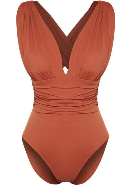 Kadın Moda Sabit Kap Askılı Brief Yaka Kiremit Derin Dekolteli Drapeli Regular Mayo