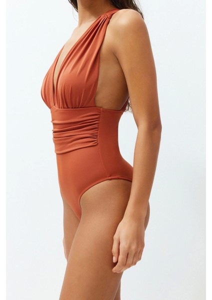 Kadın Moda Sabit Kap Askılı Brief Yaka Kiremit Derin Dekolteli Drapeli Regular Mayo fiyatları