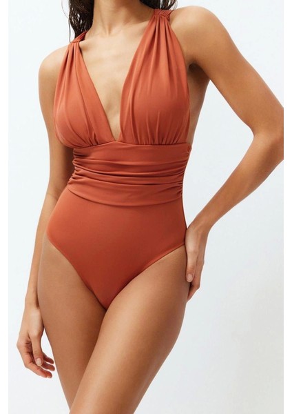 Kadın Moda Sabit Kap Askılı Brief Yaka Kiremit Derin Dekolteli Drapeli Regular Mayo modelleri