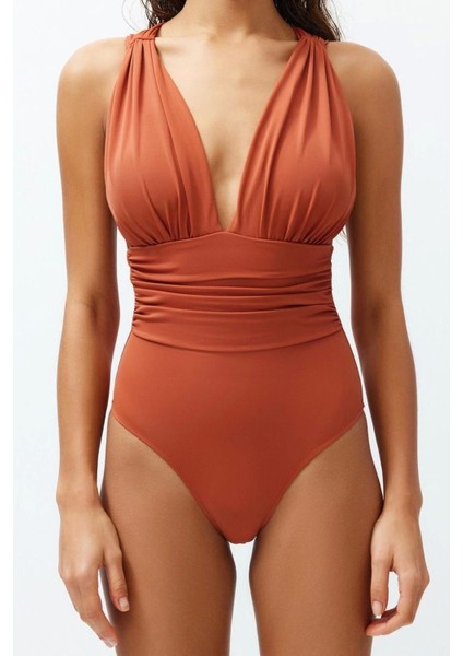 Kadın Moda Sabit Kap Askılı Brief Yaka Kiremit Derin Dekolteli Drapeli Regular Mayo indirimleri