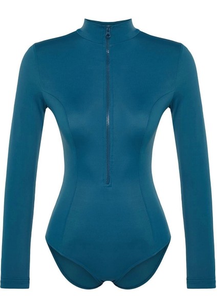 Kadın Moda Kapsız Uzun Brief Yaka Petrol Fermuarlı Uzun Kollu Regular Sörf Mayosu