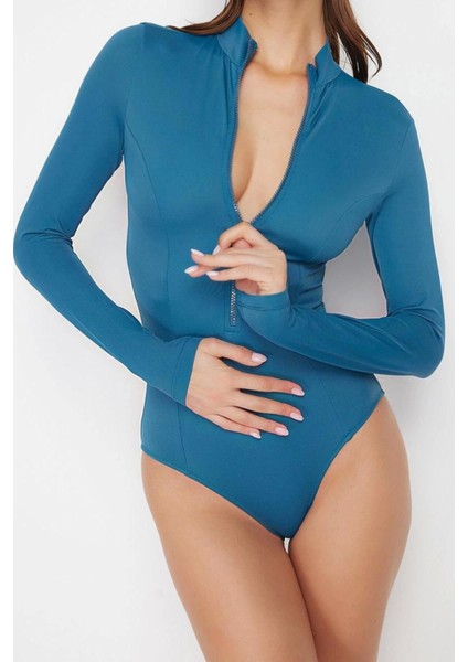 Kadın Moda Kapsız Uzun Brief Yaka Petrol Fermuarlı Uzun Kollu Regular Sörf Mayosu fiyatları