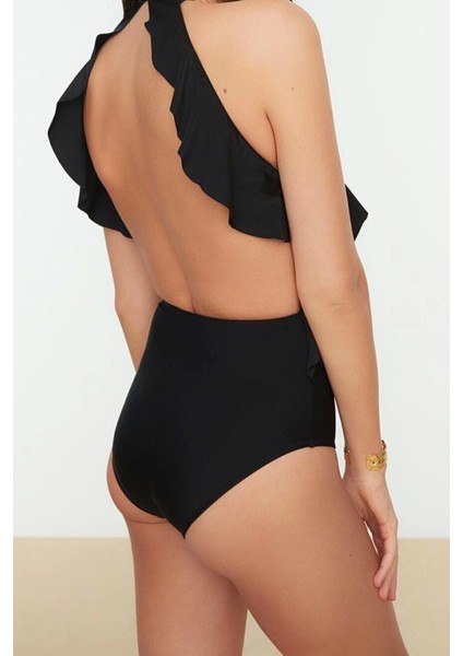 Kadın Moda Sabit Kap Askılı Halter Yaka Siyah Halter Yaka Fırfırlı Regular Mayo
