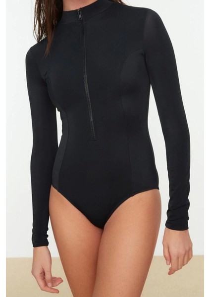 Kadın Moda Kapsız Uzun Brief Yaka Petrol Fermuarlı Uzun Kollu Regular Sörf Mayosu