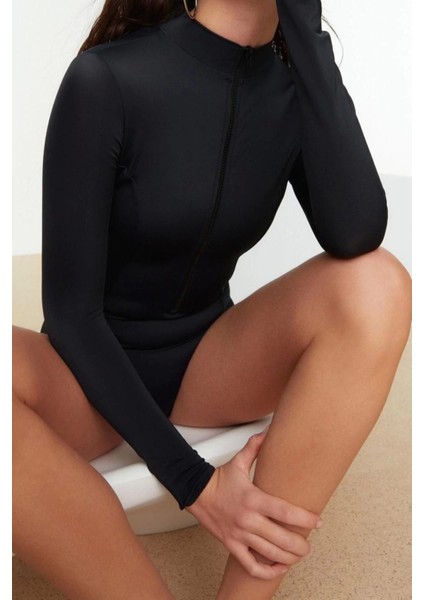 Kadın Moda Kapsız Uzun Brief Yaka Petrol Fermuarlı Uzun Kollu Regular Sörf Mayosu fiyatları