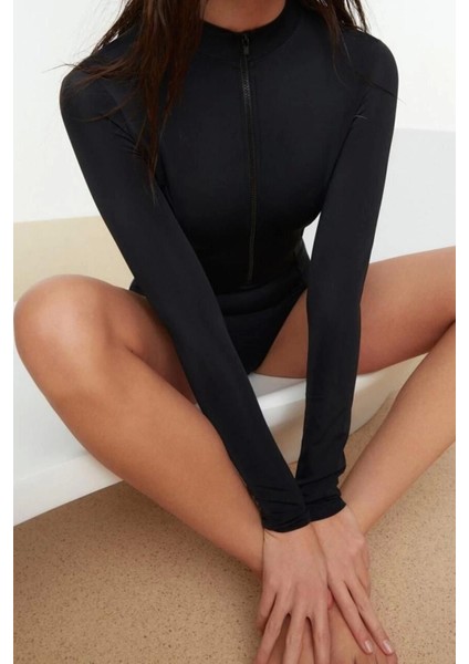 Kadın Moda Kapsız Uzun Brief Yaka Petrol Fermuarlı Uzun Kollu Regular Sörf Mayosu modelleri