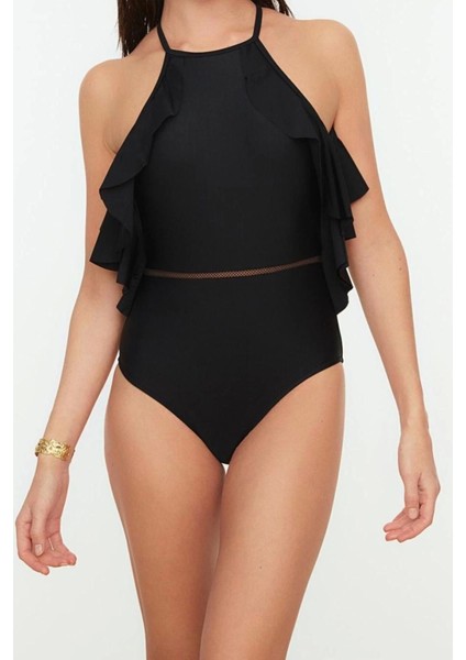 Kadın Moda Sabit Kap Askılı Halter Yaka Siyah Halter Yaka Fırfırlı Regular Mayo