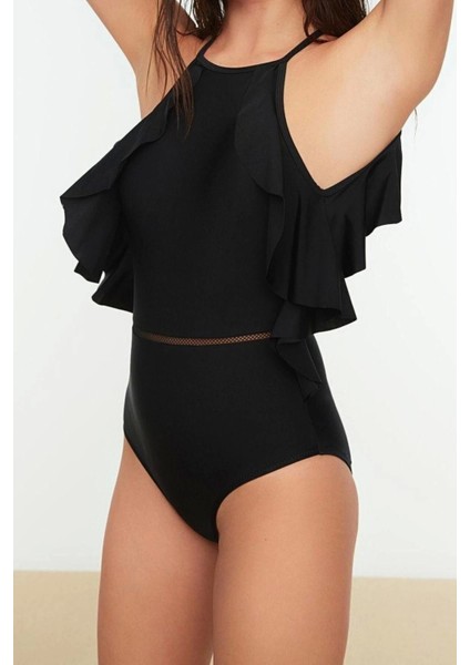 Kadın Moda Sabit Kap Askılı Halter Yaka Siyah Halter Yaka Fırfırlı Regular Mayo fiyatları