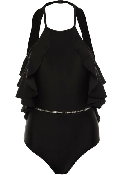 Kadın Moda Sabit Kap Askılı Halter Yaka Siyah Halter Yaka Fırfırlı Regular Mayo fırsatları