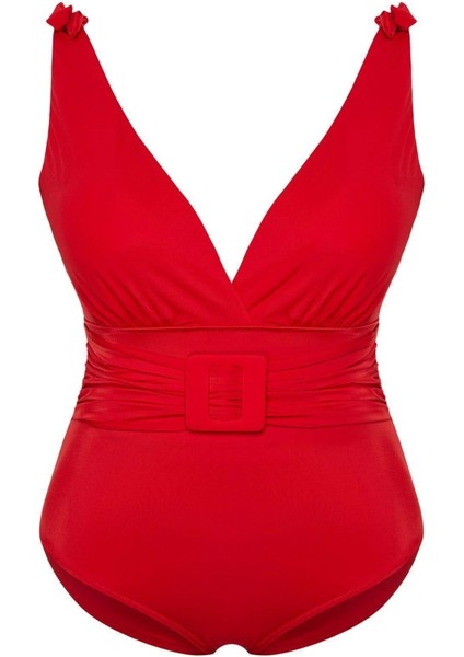 Büyük Beden Kaplı Kolsuz Derin V Yaka Kırmızı Kemerli Mayo