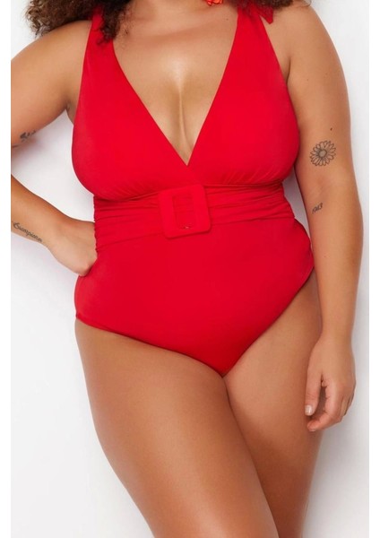 Büyük Beden Kaplı Kolsuz Derin V Yaka Kırmızı Kemerli Mayo fiyatları