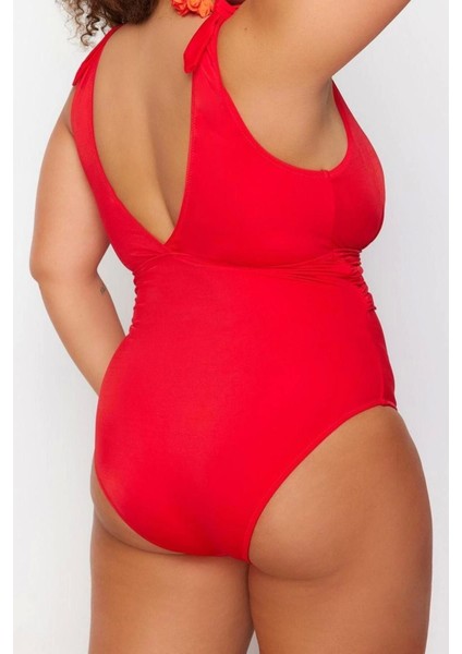 Büyük Beden Kaplı Kolsuz Derin V Yaka Kırmızı Kemerli Mayo indirimleri